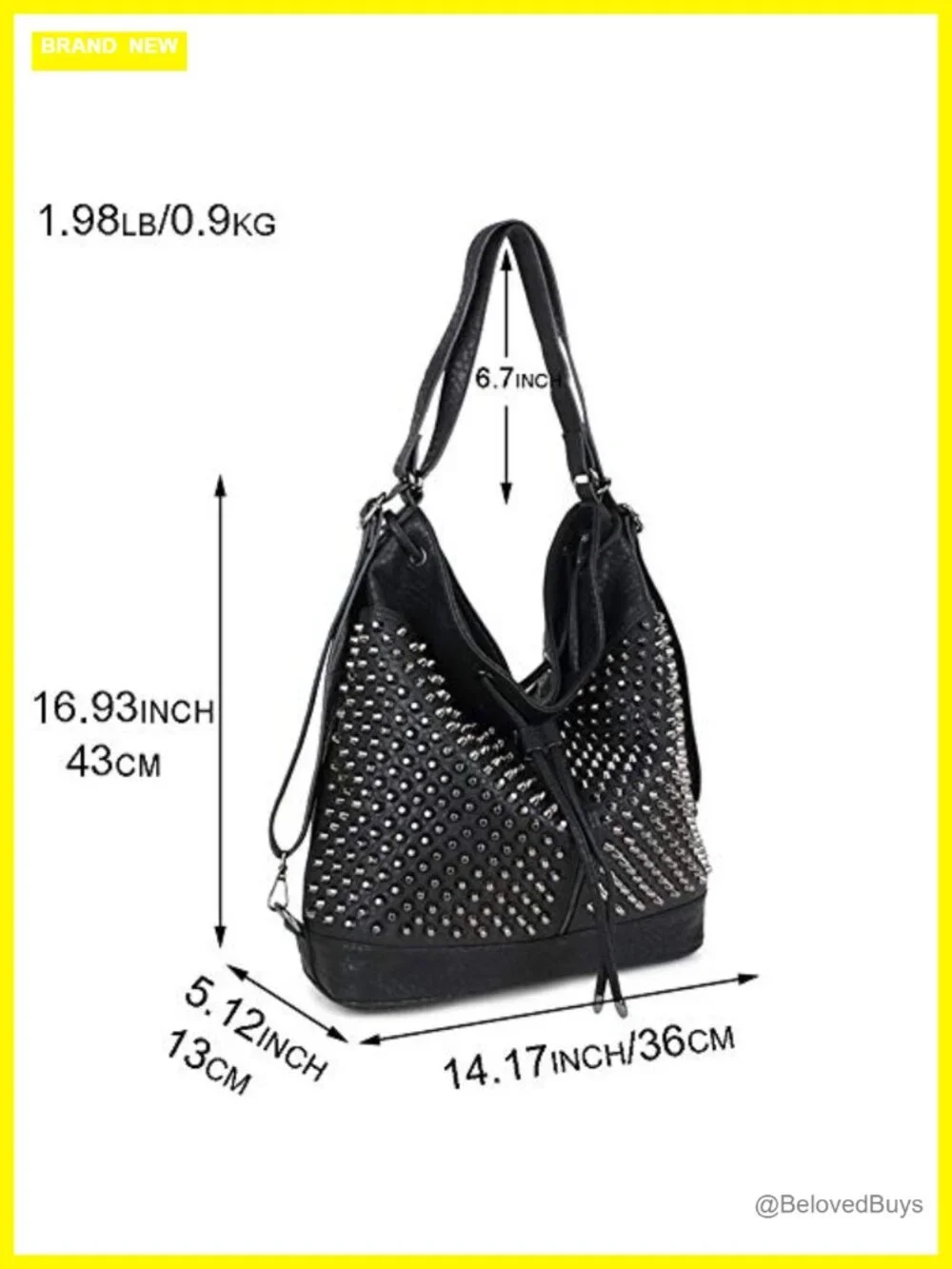 Oversized Studded Bucket Bag Vegan Leather 3-in-1 Convertible Backpack Crossbody